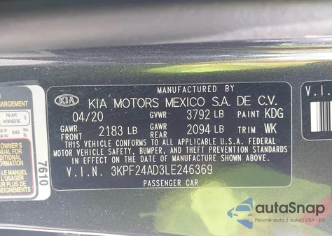 2020 Kia Forte Lxs from USA, damaged, VIN 3KPF24AD3LE246369